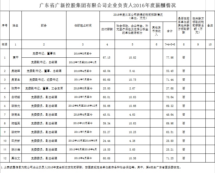廣新控股集團企業負責人2016年度薪酬情況