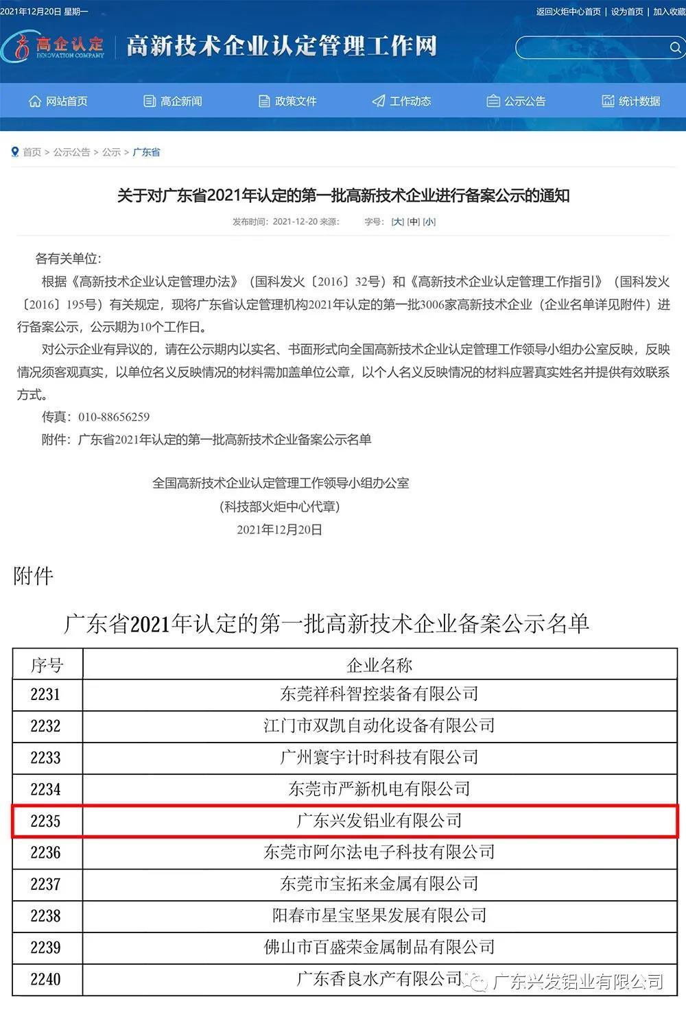 喜訊！興發鋁業、興發精密制造、興發河南子公司3家企業通過國家高新技術企業認定