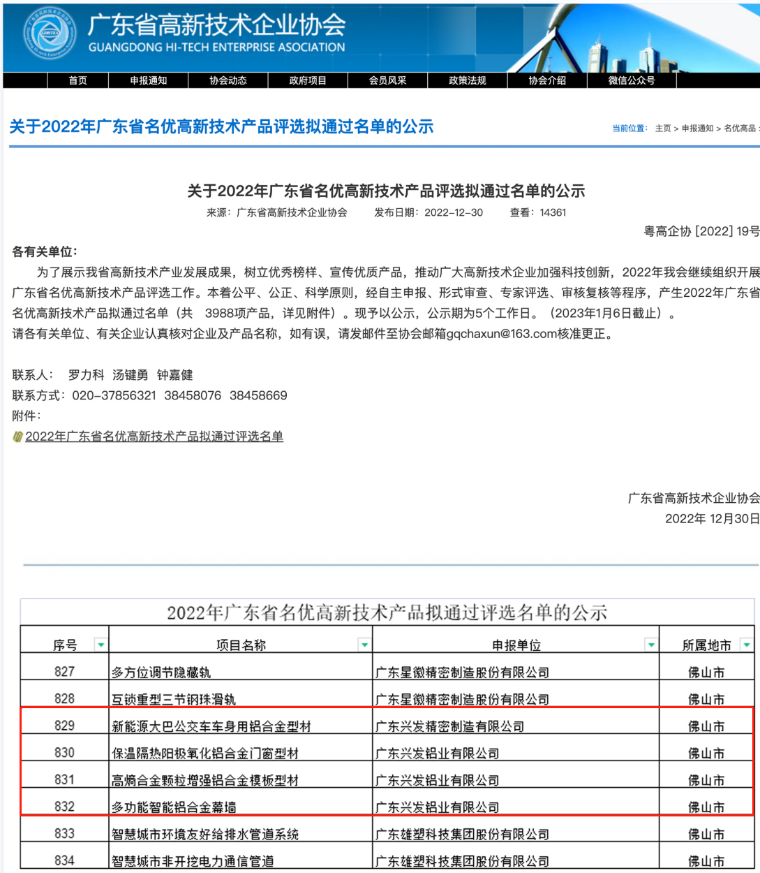 興發鋁業四項產品入選“2022年廣東省名優高新技術產品”名單 興發鋁業四項產品入選“2022年廣東省名優高新技術產品”名單