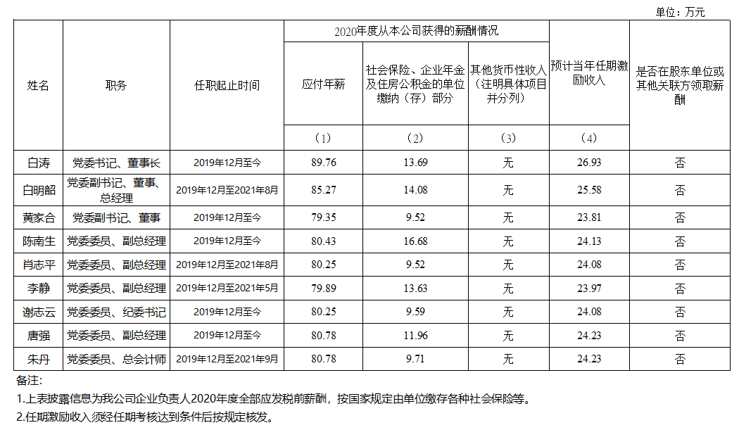 廣東省廣新控股集團有限公司企業負責人2020年度薪酬情況